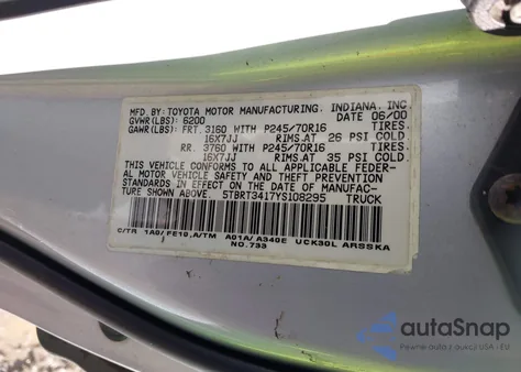 2000 Toyota Tundra Sr5 V8 z USA, uszkodzony, nr VIN 5TBRT3417YS108295